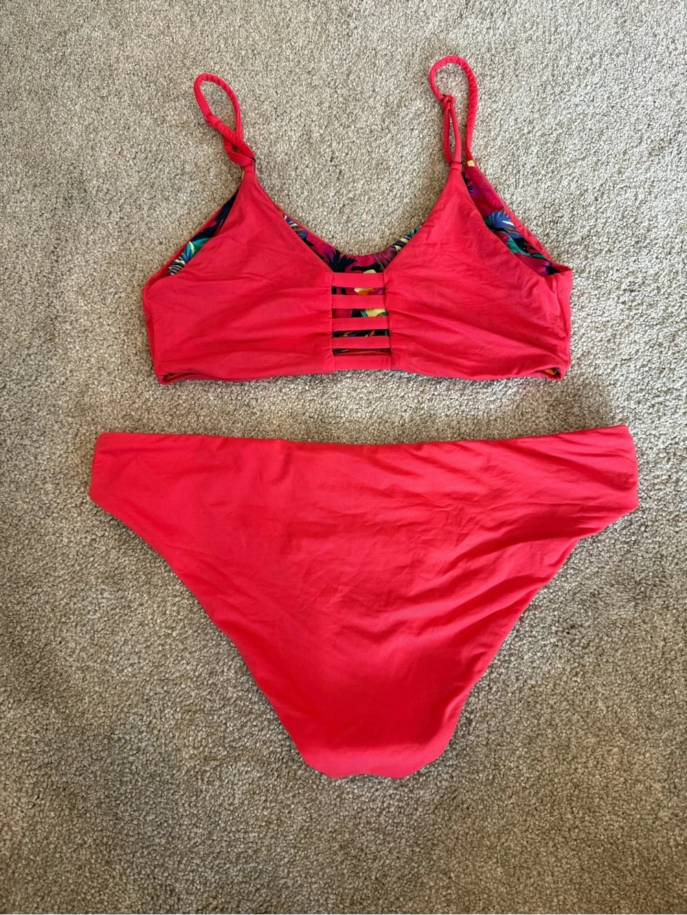 Mare Cheia Reversible Tropical Floral Bikini Set Coral Pink Women’s S/M Est